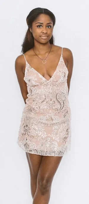 Free People Night Shimmers Gold Nude Sparkly Mini Dress Size 12 thumbnail 1