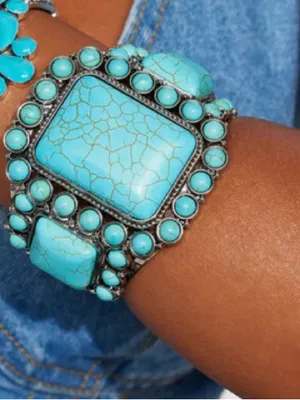 Turquoise Stone Cluster Cuff Bracelet - Women Jewelry Bracelet thumbnail 3