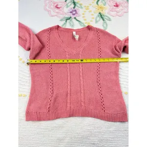 Aeropostale‎ Women's V-Neck Knit Sweater Coral Pink Cable Stitch Medium thumbnail 4