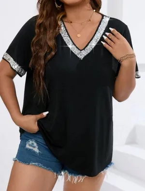 NWT Plus Size Sequin V Neck Blouse, size XL Black thumbnail 1