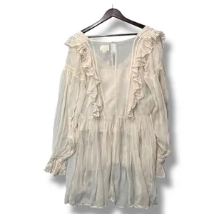 Maeve Anthropologie Ruffle Tunic Blouse Top Size 6‎ Beige Metallic Stripes NEW thumbnail 3
