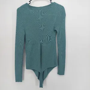 Abercrombie & Fitch Sage Green Ribbed Knit V Neck Long Sleeve Bodysuit Sz M thumbnail 2