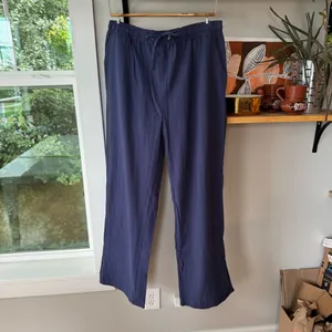 Navy Blue Cotton Linen Drawstring Waist Wide Leg Pants Size Large thumbnail 7