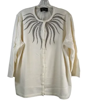 Bob Mackie Wearable Art Cream Embellished Sequin Bead Cardigan Sweater XL thumbnail 1