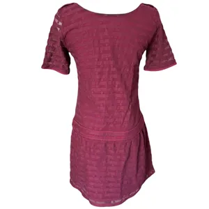 Sézane Drop Waist Mini Dress Size S‎ Burgundy Red Front Zip Sheer thumbnail 5