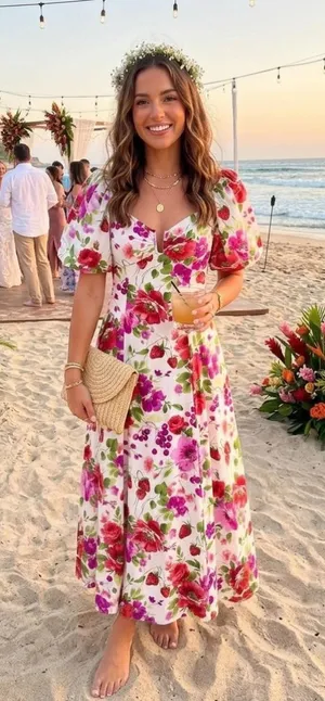 Abercrombie & Fitch Drama Puff Sleeve Maxi Dress in a vibrant red & pink floral thumbnail 1