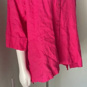 FLAX Pink Linen Lagenlook Button Front Collared Blouse thumbnail 3