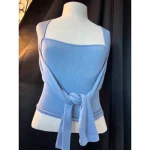 Long Sleeve Ribbed Square Neck Wrap Tie Top Dusty Blue Cropped Knit thumbnail 5