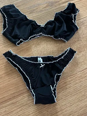 Frankie's Bikinis Black Ruffle Trim Bikini Set with White Contrast thumbnail 1