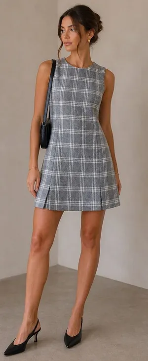 Theory Gray Plaid Wool-Blend Cashmere Sleeveless Shift Mini Dress 00 Preppy thumbnail 1