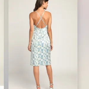 NWT Lulus Versailles Vibes Blue Jacquard Open Back Metallic Midi‎ Dress LARGE thumbnail 4