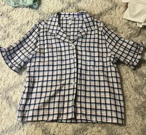 Cotton On Button Up Plaid Cute Ruffle Hem Short Sleeve Cropped Polo thumbnail 1