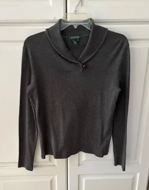 Lauren Ralph Lauren Gray Cotton Shawl Collar Toggle Button Sweater Womens Medium thumbnail 1