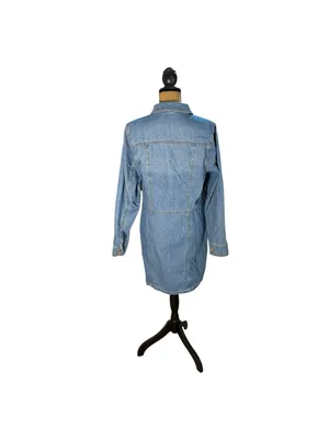 Frye Denim Shirt Dress Womens L Western Long Sleeve Button Front Mini Blue thumbnail 3