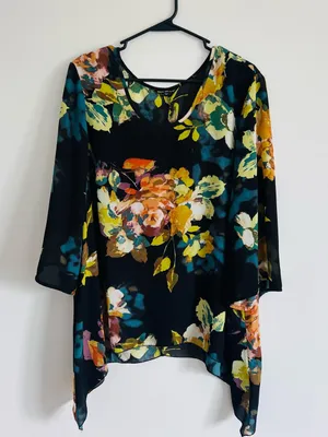 Unique Spectrum Black Floral Chiffon Tunic with Teal and Mustard Accents Y2K thumbnail 2