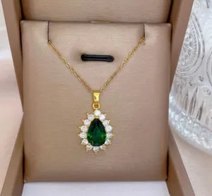 18K Gold Plated Crystal Teardrop Emerald Pendant Necklace for Women thumbnail 1