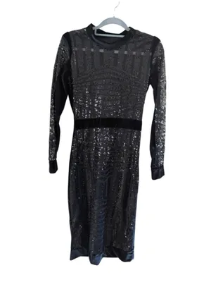 Black Velvet Midi Dress with Sheer Sparkle Sleeves thumbnail 9