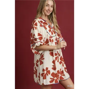 Umgee Two Tone Floral Tie-Neck Babydoll‎ Dress thumbnail 3