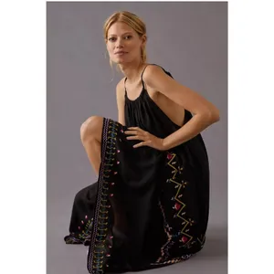 Anthropologie Maxi Dress Med Black Embroidered Boho Tie Strap Flowy Relaxed Fit thumbnail 3