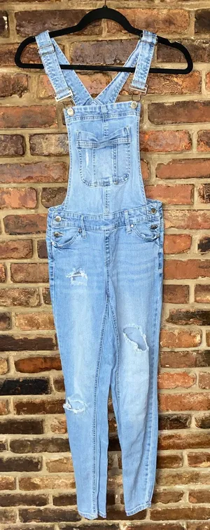 Blue Spice Distressed Denim Jean Slim Fit Overalls Junior's Size 1 thumbnail 1