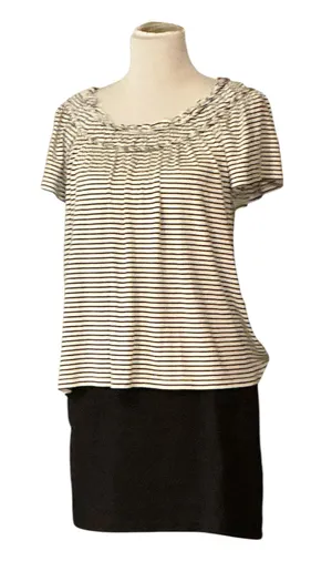 Max Studio London Black White Striped Short Sleeve Top Smocked Neck Med M thumbnail 1