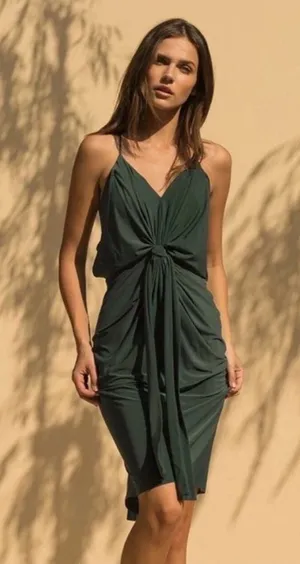 MISA Domino Tie Front Draped Ruched Knee Length Dress Olive Green Size XS NWT thumbnail 1