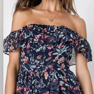 NWT Lulus My Favorite Navy Blue Floral Print Off the‎ Shoulder Dress MEDIUM thumbnail 2