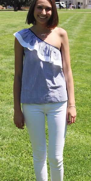 J.Crew One-Shoulder Ruffle Top - Blue and White Stripe thumbnail 1