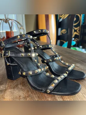 Shu Shop Women’s Black Gold Studded Block Heel Sandals Heels size 8.5 thumbnail 8