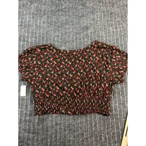 AEROPOSTALE Floral Crop Top Women XL Black Pink Smocked V-Neck Puff‎ Sleeve NWT thumbnail 6