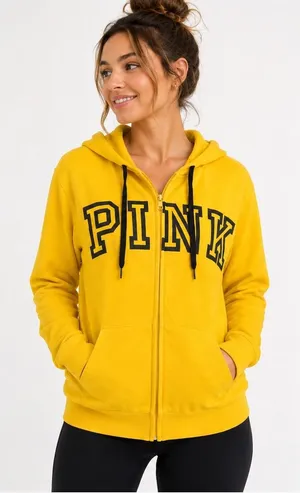 PINK Victoria's Secret Hoodie Women Large Yellow Full Zip Logo Sweatshirt thumbnail 1
