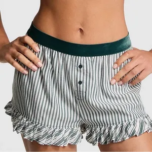 VS PINK Velvet Trim Ruffle Pajama Shorts Deep Forest Green & White Stripes SMALL thumbnail 2