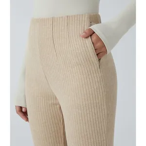 Halara Ribbed Knit High Waisted‎ Side Zipper Pockets Casual Flare Pants Small thumbnail 4