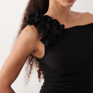 Mango asymmetric sleeveless maxi dress with statement shoulder black size M us 6 thumbnail 2