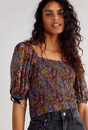Free People Floral Smocked Crop Top XS Puff Sleeve Tie Back Blouse thumbnail 1