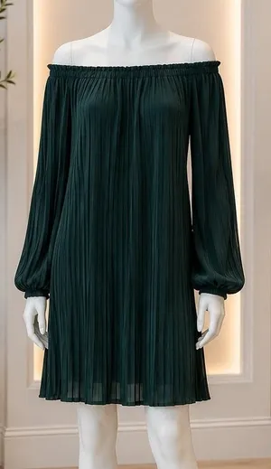 One Clothing Womens Dress Off Shoulder Pleated Long Sleeve Forest Green S thumbnail 1