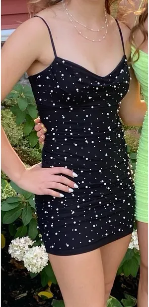 Honey and Rosie Black Homecoming Dress Dillard's with pearls thumbnail 1
