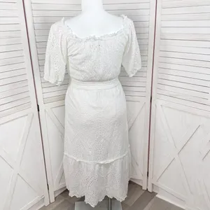 Betsey Johnson Eyelet Off The‎ Shoulder Smocked Waist Midi Dress White Large thumbnail 5
