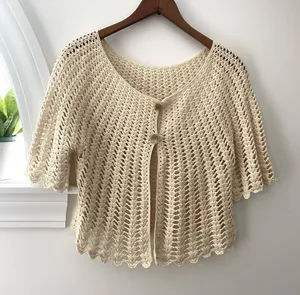 Vintage Crochet Open Knit Cardigan Sweater Medium Cream Ivory Button Up Handknit thumbnail 2