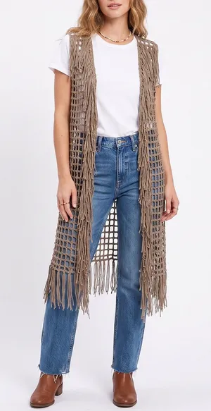 Origami Vest Womens S/M Brown Fringe Open Knit Crochet Shaggy Excellent thumbnail 1