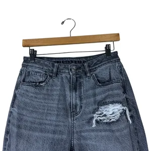 American Eagle Mom Jean Solid Denim Pants Black Grunge Distressed Size 4 Short thumbnail 2
