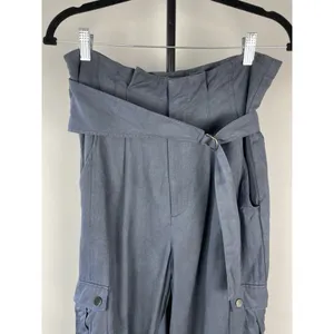 Zara Womans Tapered Cargo Pants High Rise Paperbag Sz S Blue Gray Linen‎ Blend thumbnail 2