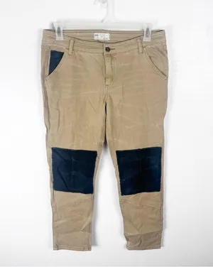 FREE PEOPLE Khaki Black Patchwork Five Pocket Cargo Style Jeans 12 Boho Casual thumbnail 1