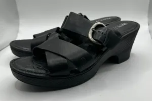 Born Black Leather Platform Slide Sandals Wedge Buckle strap Womens 9M thumbnail 1