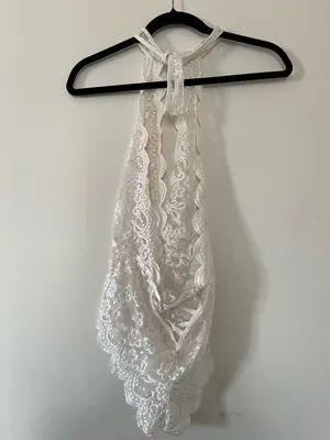 White Floral Lace Halter Bodysuit Small Bridal Lingerie Romantic Coquette thumbnail 4