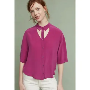 Maeve Anthropologie Silk Blouse Women's Large Magenta Cut Out Long Sleeve Career thumbnail 10