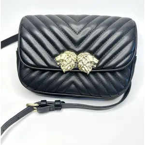Zara Black Crossbody Bag Lion Head Gold Hardware Quilted Belt Bag‎ Convertible thumbnail 2
