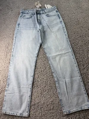 NWT Zara High Rise Straight Long Length Jeans Light Wash Acid Denim Size 12 EUR thumbnail 1