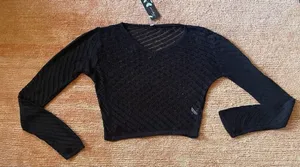 Fayenne Crochet Black Women's Long Sleeve Sweater -Mesh V-neck Size M New thumbnail 1