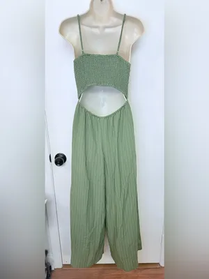 Flying Tomato Wide Leg Pinstripe Tie Front Keyhole Back Strap Jumpsuit Green S thumbnail 8